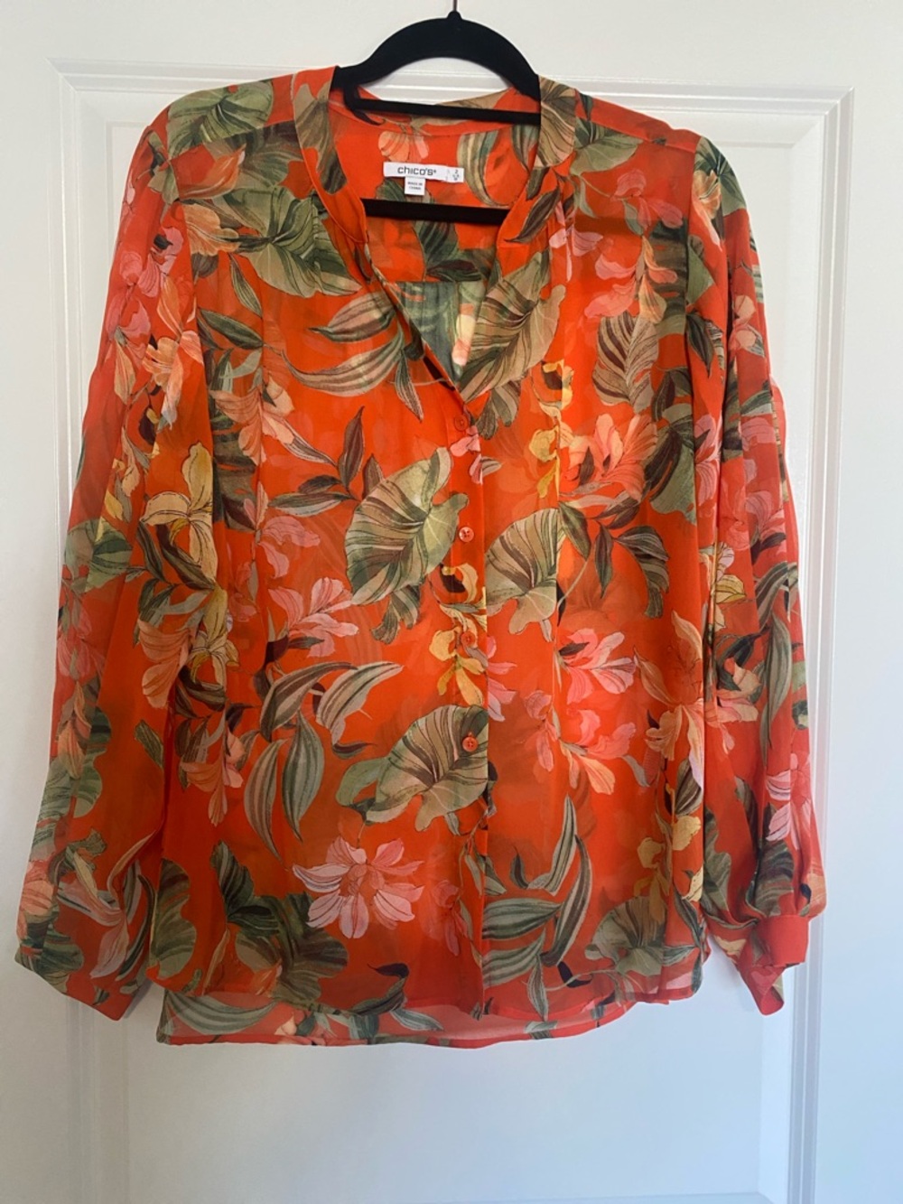 Chico's Vibrant Orange Tropical-Leaf Button Blouse